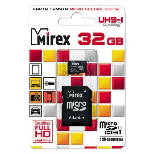 Карта памяти microSDHC 32GB Mirex Class 10 UHS-I (SD адаптер)